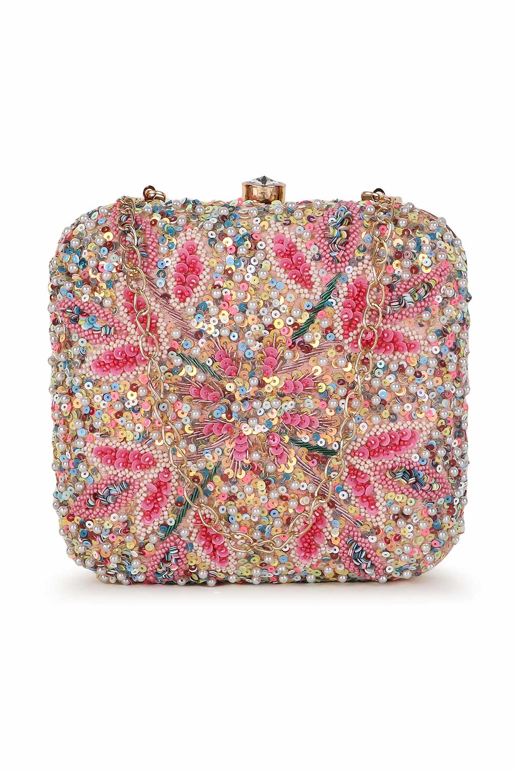 Pastel Pink And Multi Faux Silk Stone Embellished Clutch