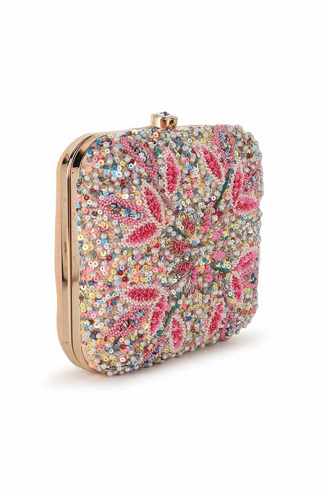 Pastel Pink And Multi Faux Silk Stone Embellished Clutch