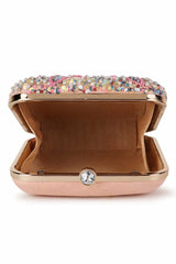 Pastel Pink And Multi Faux Silk Stone Embellished Clutch