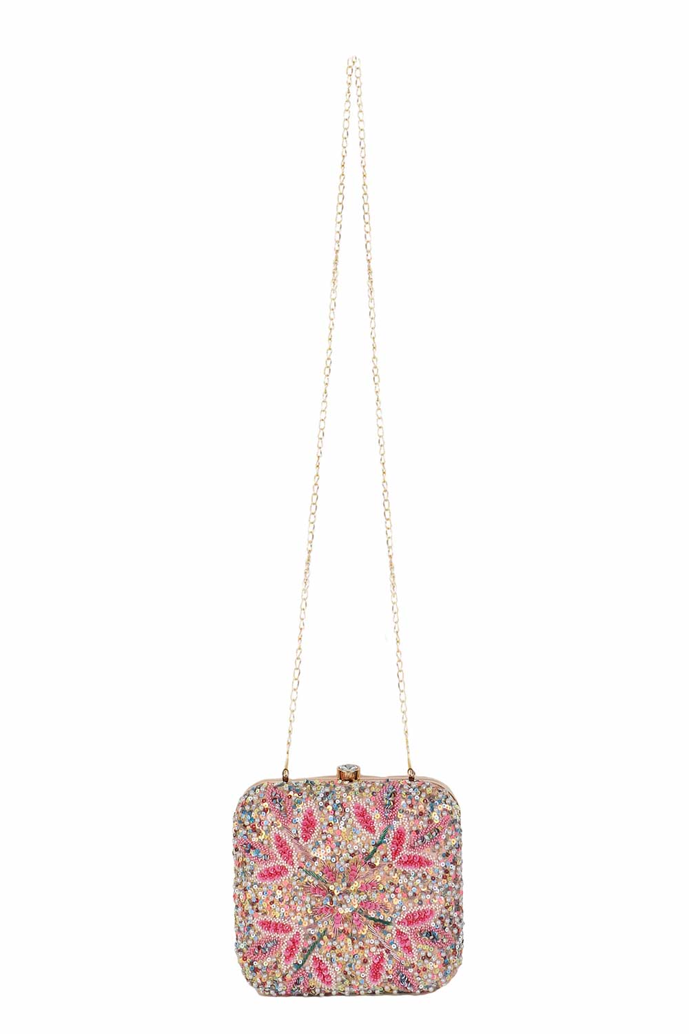 Pastel Pink And Multi Faux Silk Stone Embellished Clutch