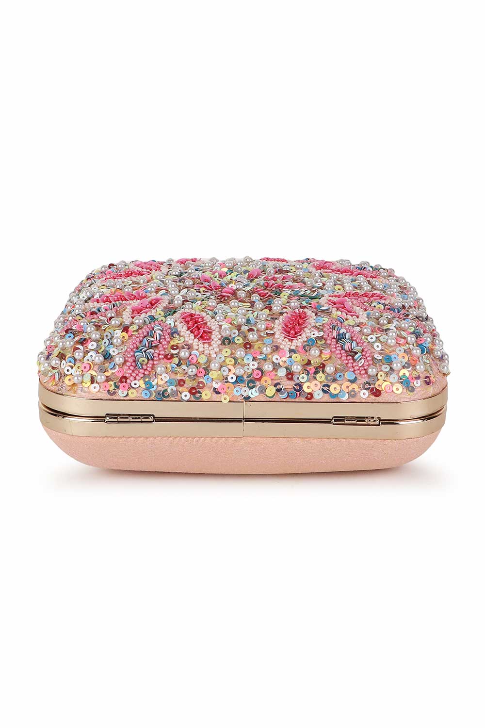 Pastel Pink And Multi Faux Silk Stone Embellished Clutch