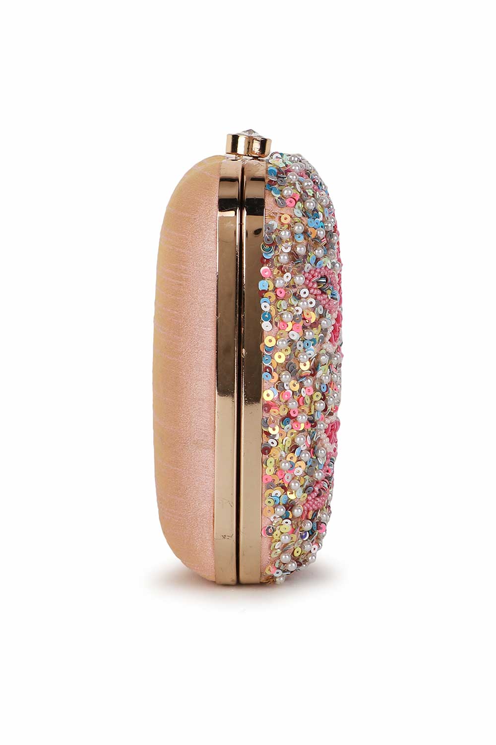 Pastel Pink And Multi Faux Silk Stone Embellished Clutch