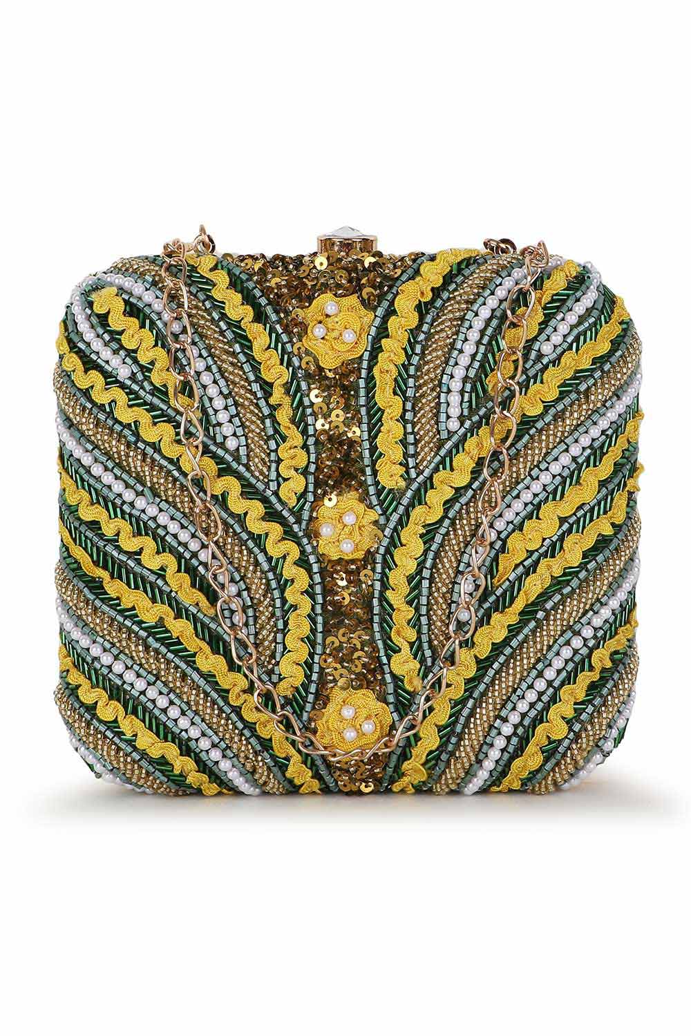 Mehandi Green And Yellow Faux Silk Quirky Embellished Clutch