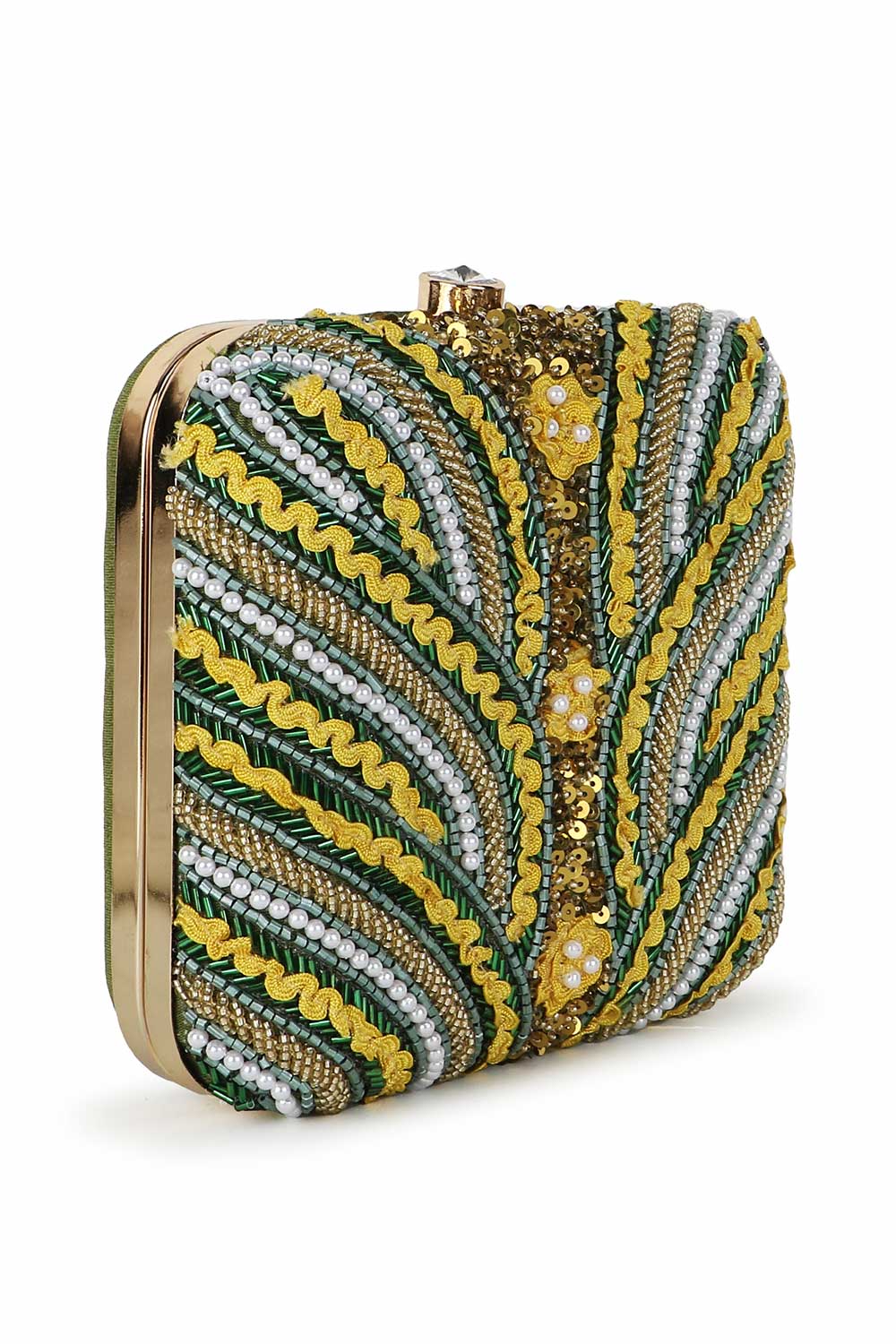 Mehandi Green And Yellow Faux Silk Quirky Embellished Clutch