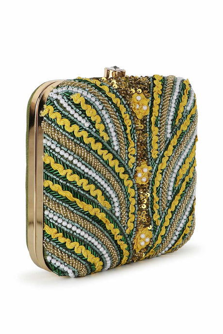 Mehandi Green And yellow Faux Silk Quirky Embellished Clutch