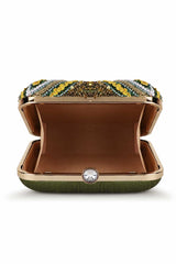 Mehandi Green And Yellow Faux Silk Quirky Embellished Clutch