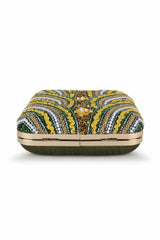 Mehandi Green And Yellow Faux Silk Quirky Embellished Clutch