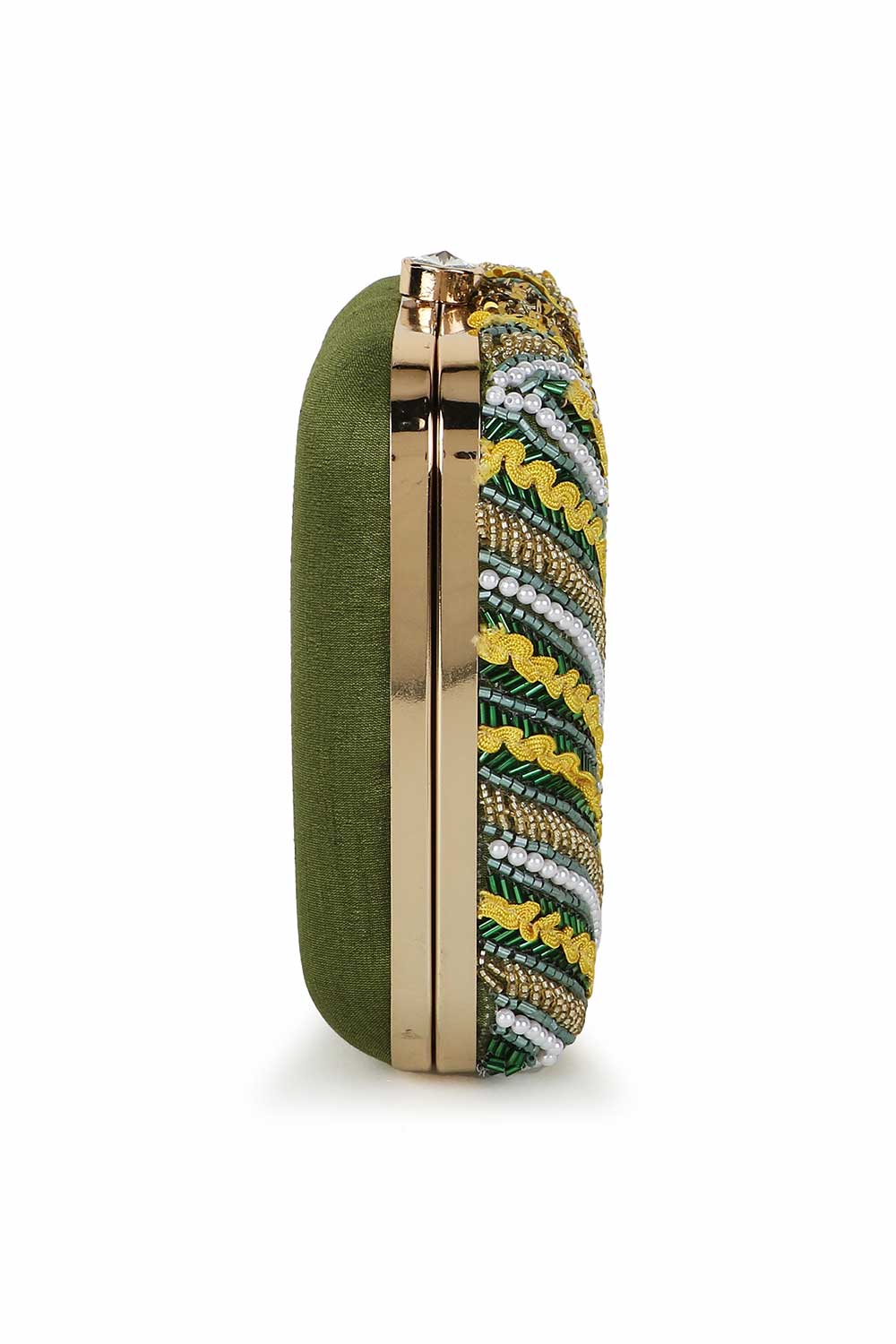 Mehandi Green And Yellow Faux Silk Quirky Embellished Clutch