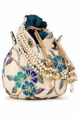 Cream And Turquoise Blue Faux Silk Floral Embroidered Potli