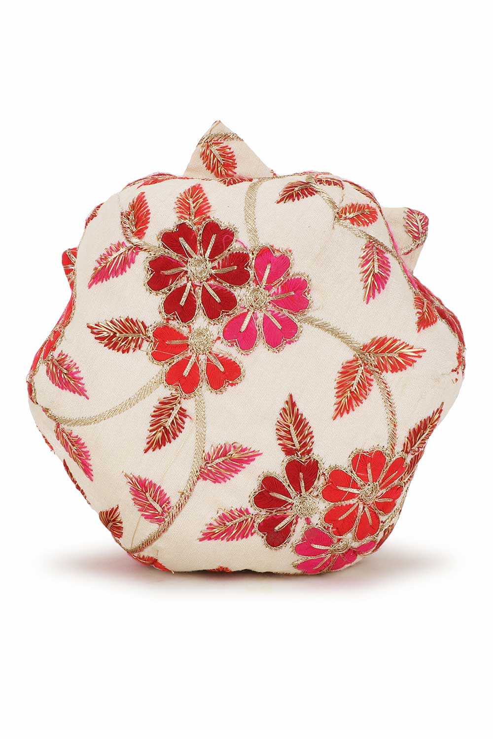 Cream And Pink Faux Silk Floral Embroidered Potli