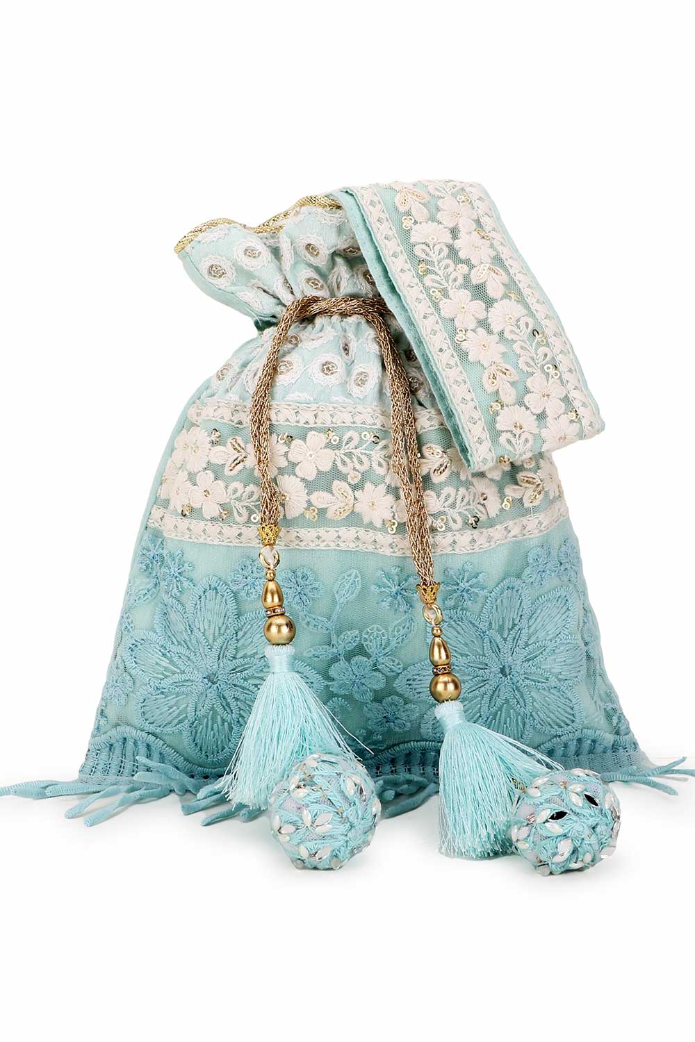 Pastel Blue And White Faux Silk Floral Lace Detailed Potli