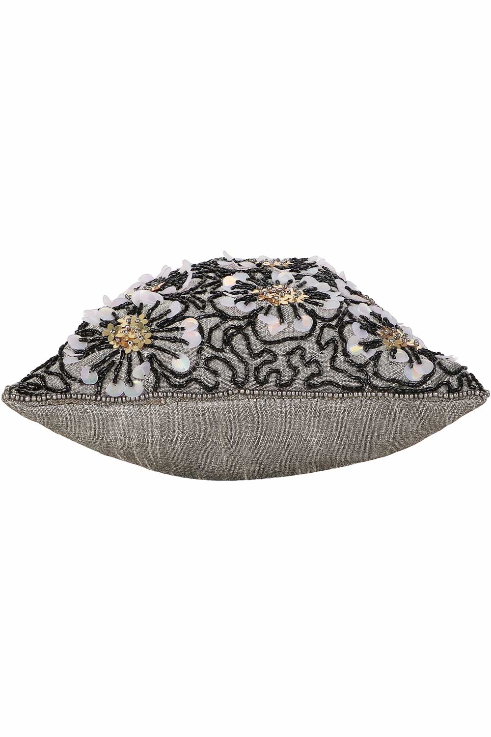 Gray And Gold Faux Silk Floral Embellished Potli