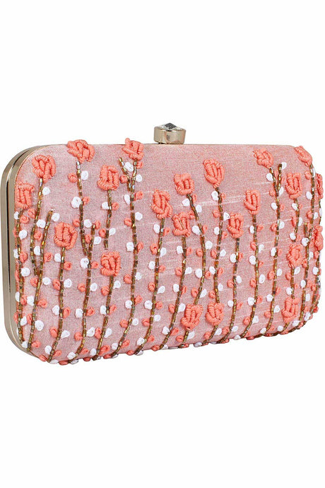 Adorn Embroidered & Embellished Faux Silk Clutch Baby Pink