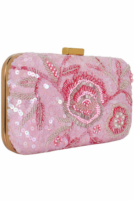 Adorn Sequin Embelished Faux Silk Fabric Clutch Pink