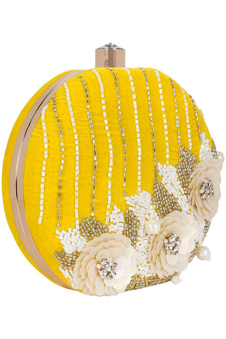 Adorn Embelished Velvet Fabric Clutch Yellow and White