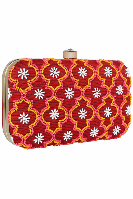 Adorn Embellished Cotton Polyester Clutch Red & Multi