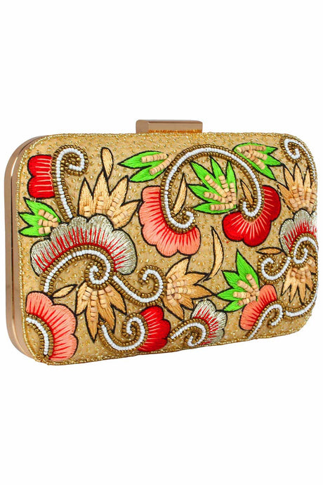 Ethnique Embroidered Party Clutch Bag Beige & Multi