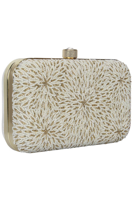 Pearl Embellished Faux Silk Clutch Off-White & Gold