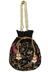Dazzle Embellished Faux Silk Potli Black & Multicolour