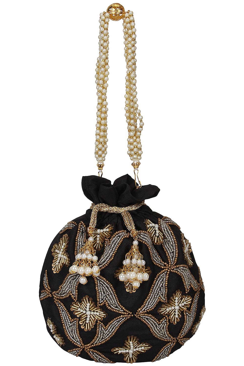 Dazzle Embellished Faux Silk Potli Black & Copper