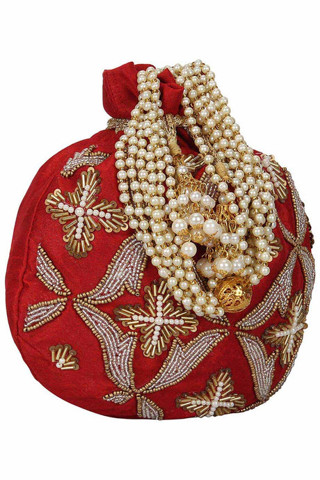 Dazzle Embellished Faux Silk Potli Red & Copper