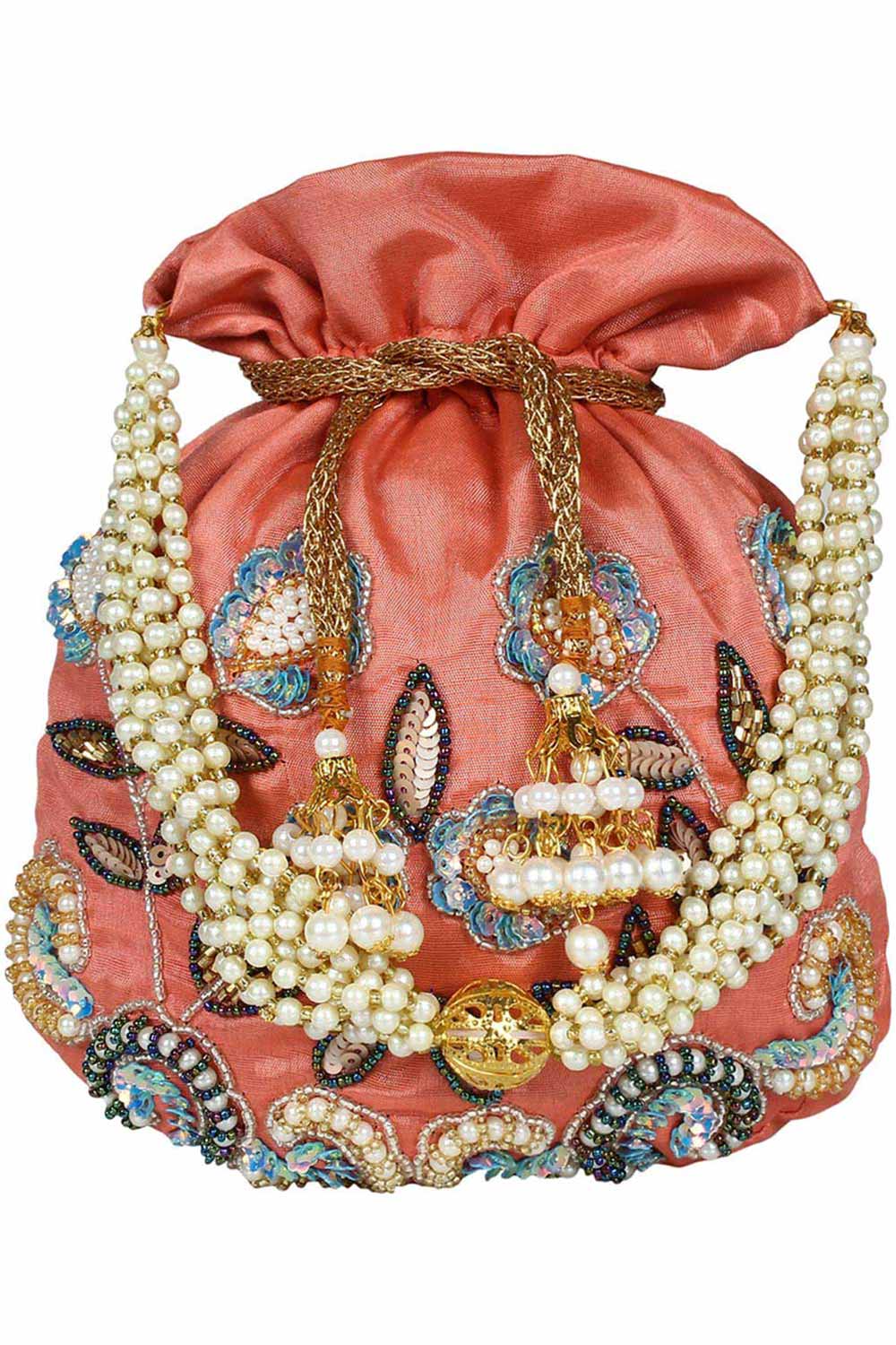 Dazzle Embellished Faux Silk Potli Peach & Multicolor