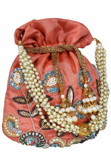 Dazzle Embellished Faux Silk Potli Peach & Multicolor