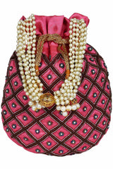 Dazzle Embellished Faux Silk Potli Pink & Multicolour