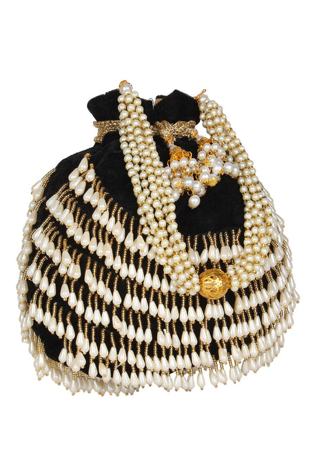 Velvet Potli In Black, White And Gold