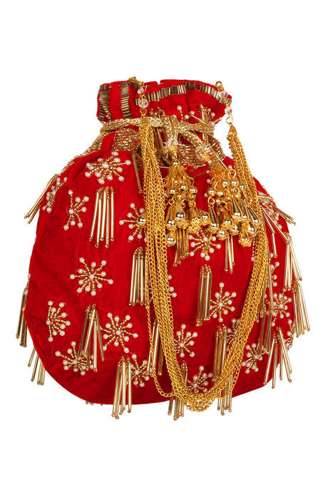 Velvet Potli In Red And Gold