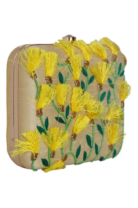 Faux Silk Clutch In Beige, Yellow And Green