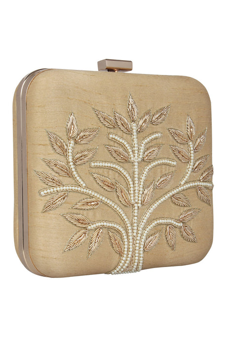 Faux Silk Clutch In Beige, Gold And White