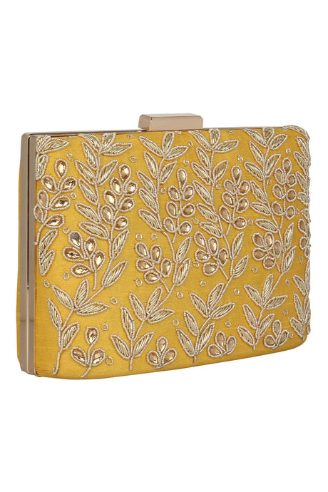 Faux Silk Clutch In Yellow And Gold