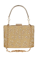 Faux Silk Clutch In Beige And Gold