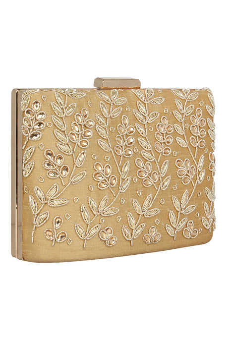 Faux Silk Clutch In Beige And Gold