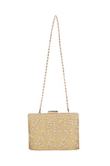 Faux Silk Clutch In Beige And Gold