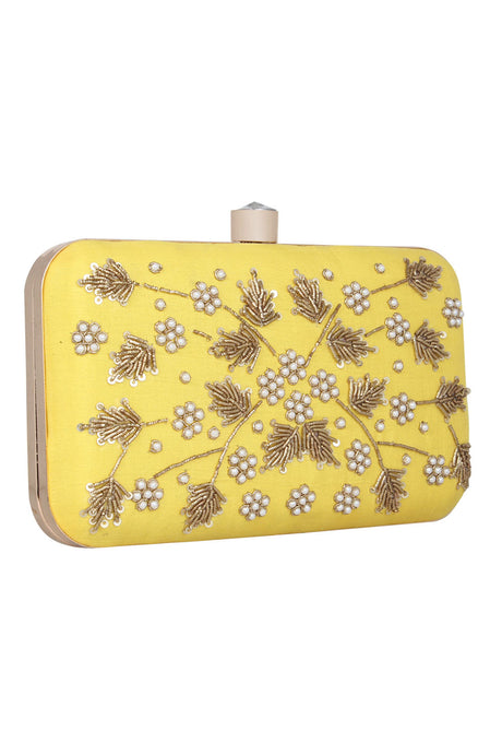 Faux Silk Clutch In Yellow, Gold And White