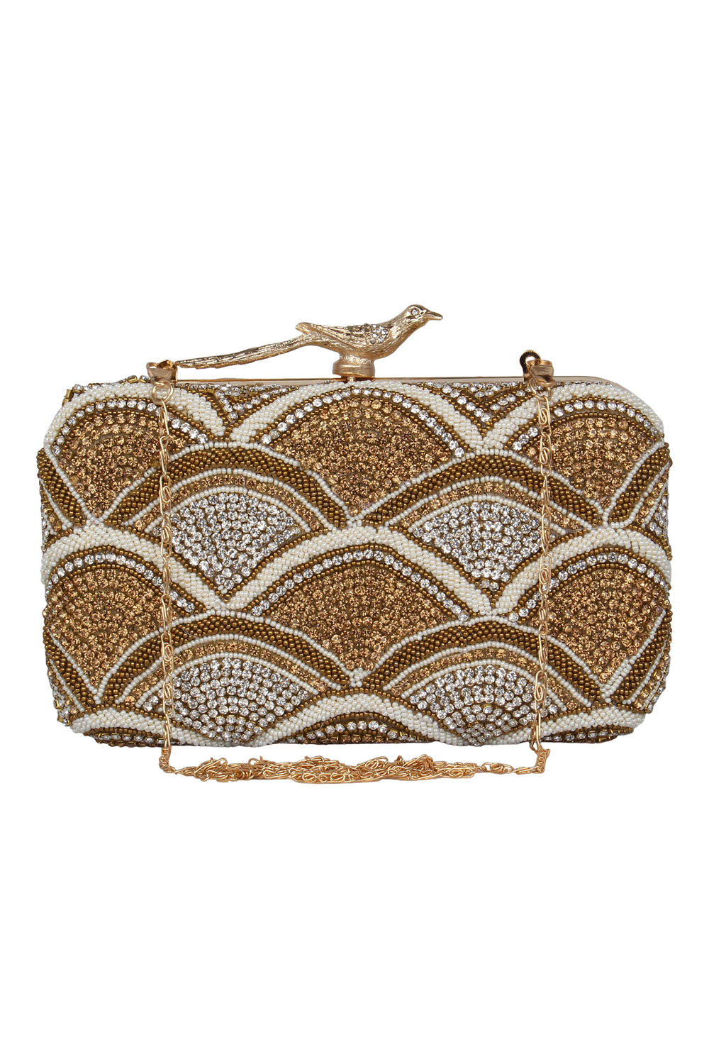 Faux Silk Clutch In Gold, White And Silver