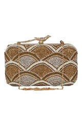 Faux Silk Clutch In Gold, White And Silver