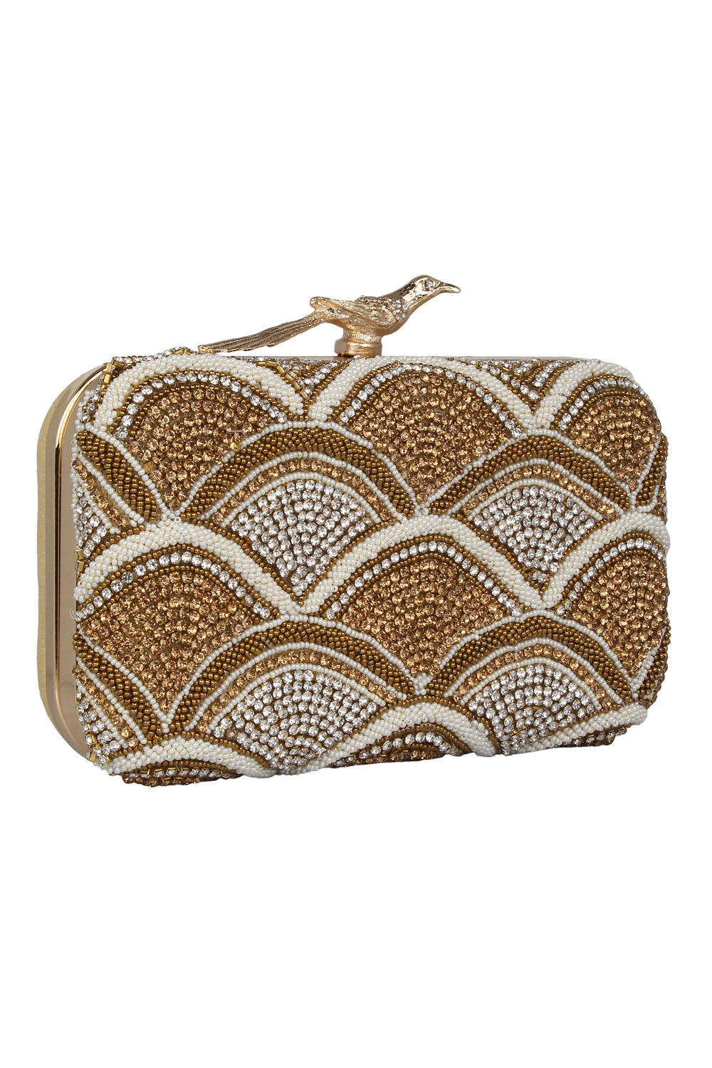 Faux Silk Clutch In Gold, White And Silver