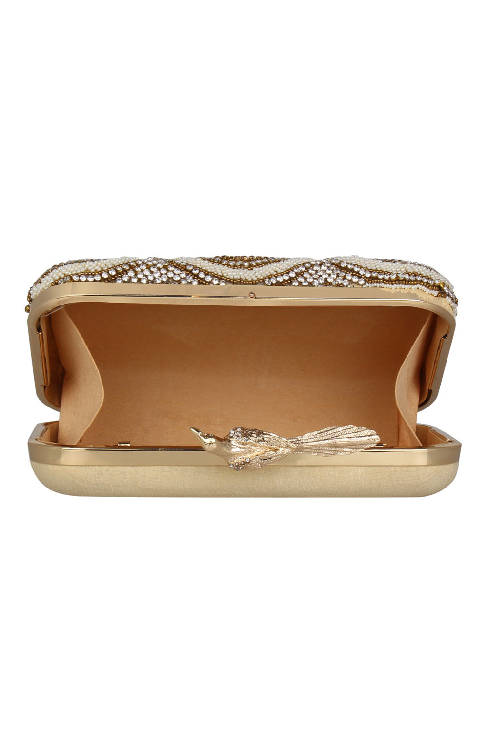 Faux Silk Clutch In Gold, White And Silver