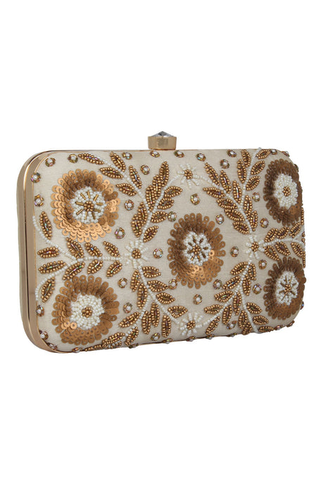 Faux Silk Clutch In White And Gold