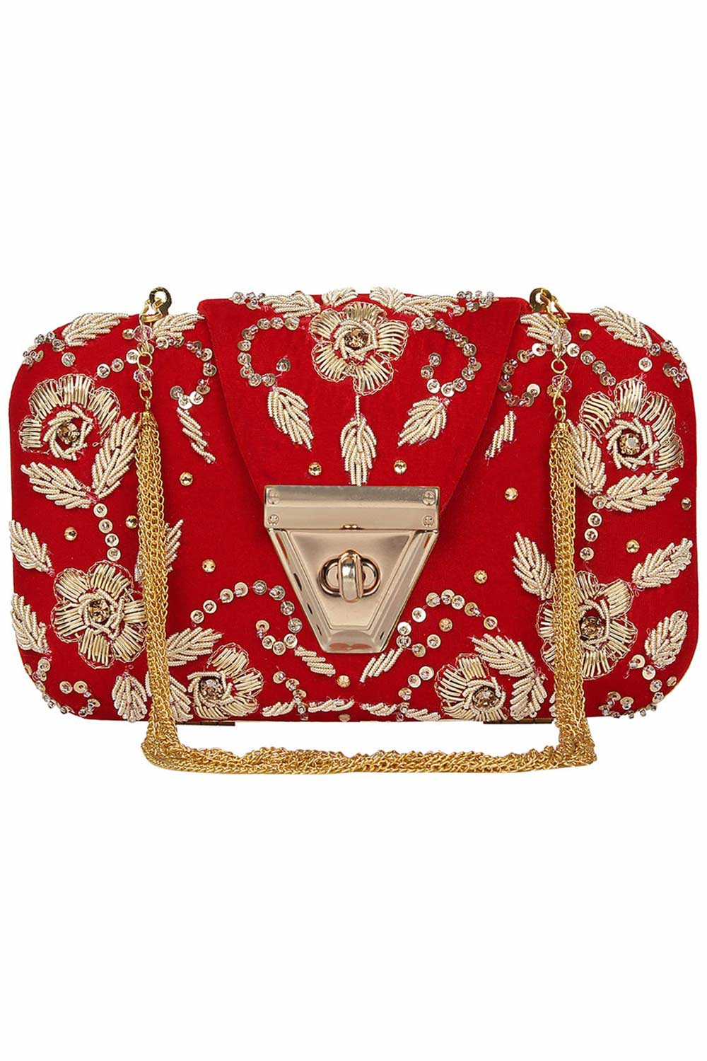 Hasp Embroidered Velvet Clutch Red & Gold