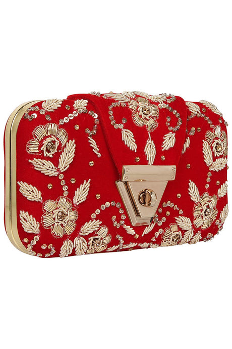Hasp Embroidered Velvet Clutch Red & Gold