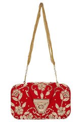 Hasp Embroidered Velvet Clutch Red & Gold