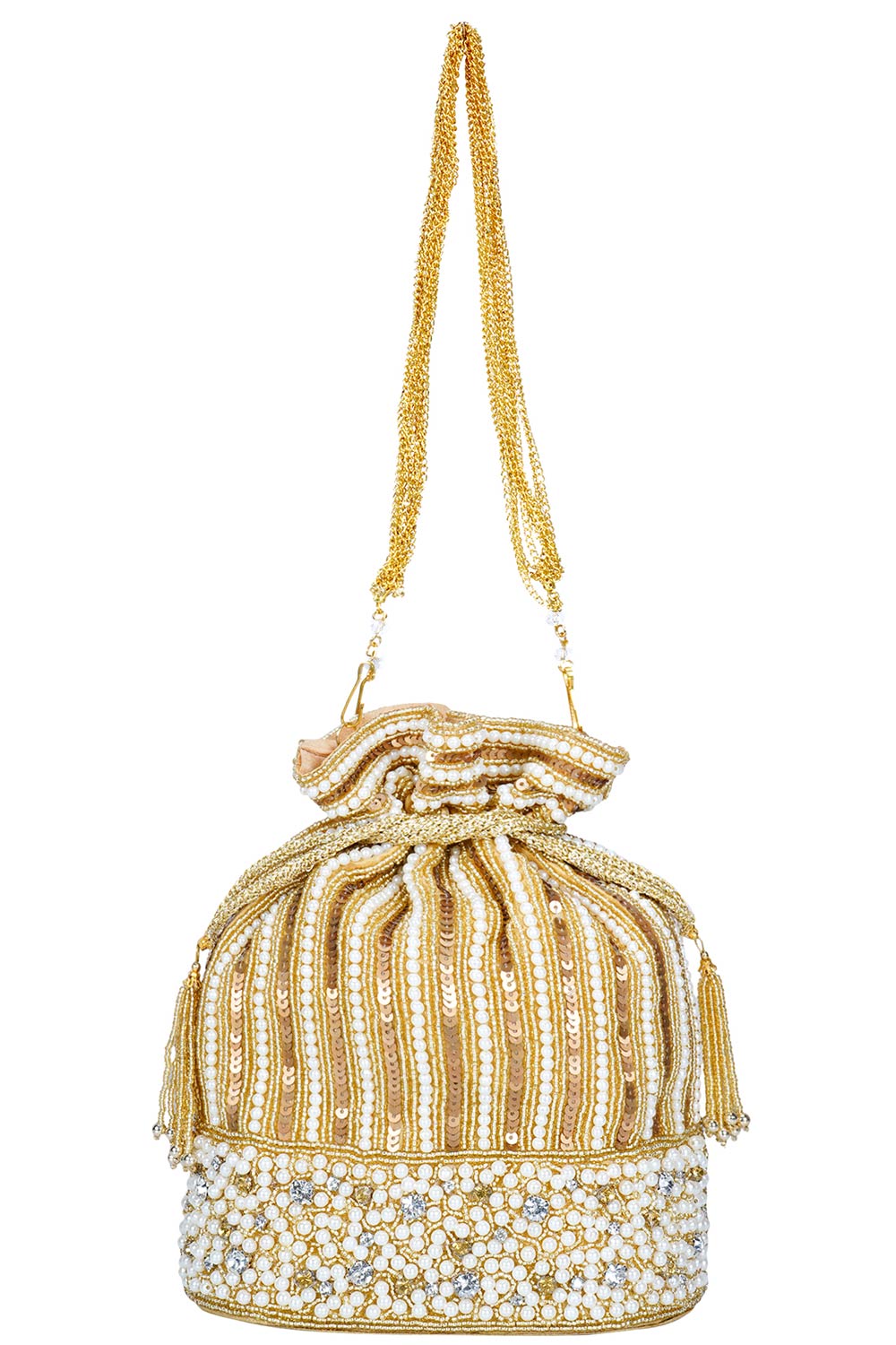 Sequin Embellished Faux Silk Potli Gold & Pearl