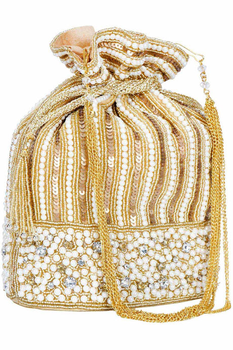 Sequin Embellished Faux Silk Potli Gold & Pearl