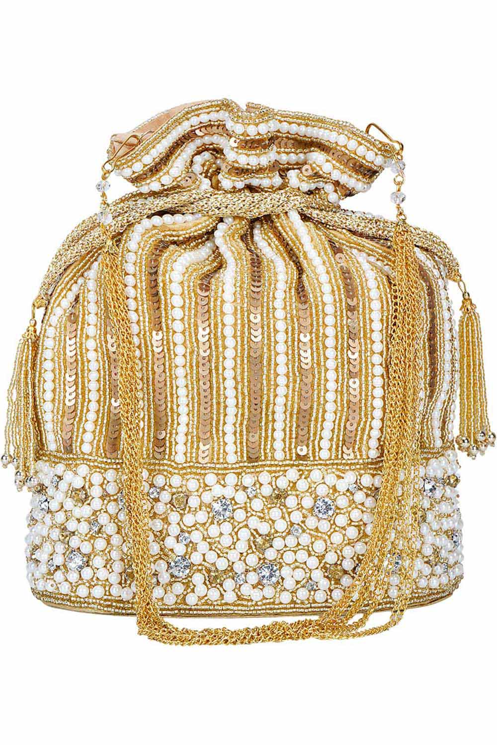 Sequin Embellished Faux Silk Potli Gold & Pearl