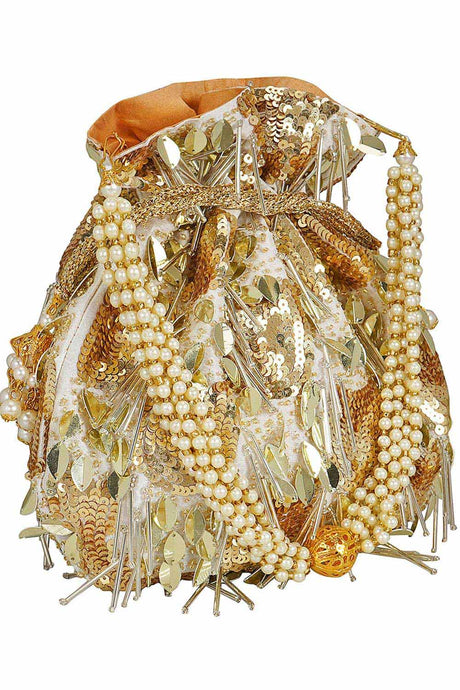Dangle Sequin Embellished Faux Slik Potli White & Gold