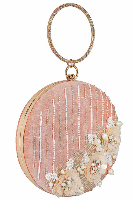 Sequins Embellished Faux Silk Round Clutch Baby Pink & White